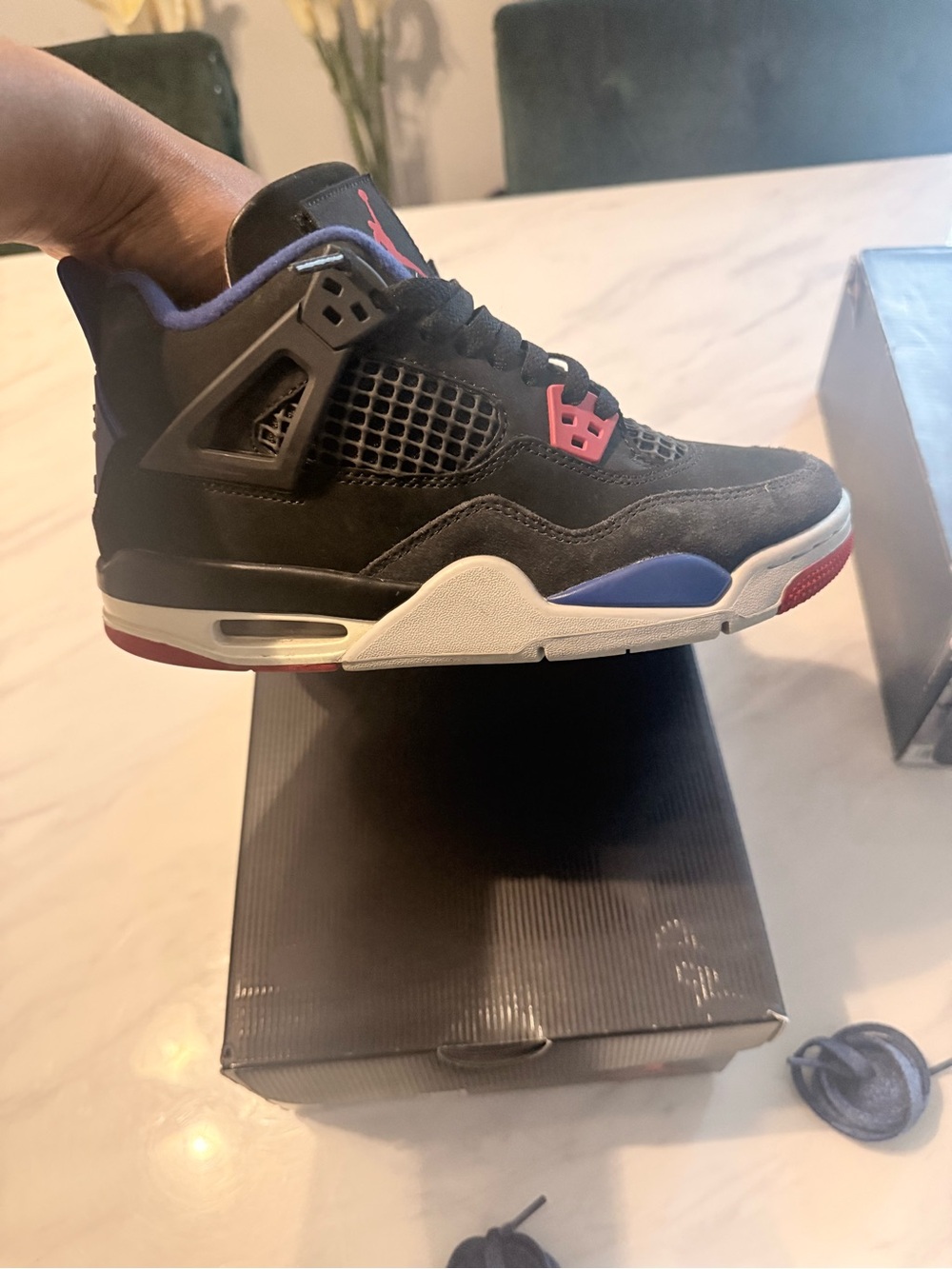 Jordan Men’s Black Suede & Mesh Sneakers with Purple and Red Highlights